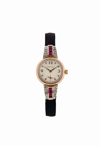 Longines, Elegante Orologio da Polso, da Signora, in Oro Rosa 18k con Rubini e Brillanti. Realizz...