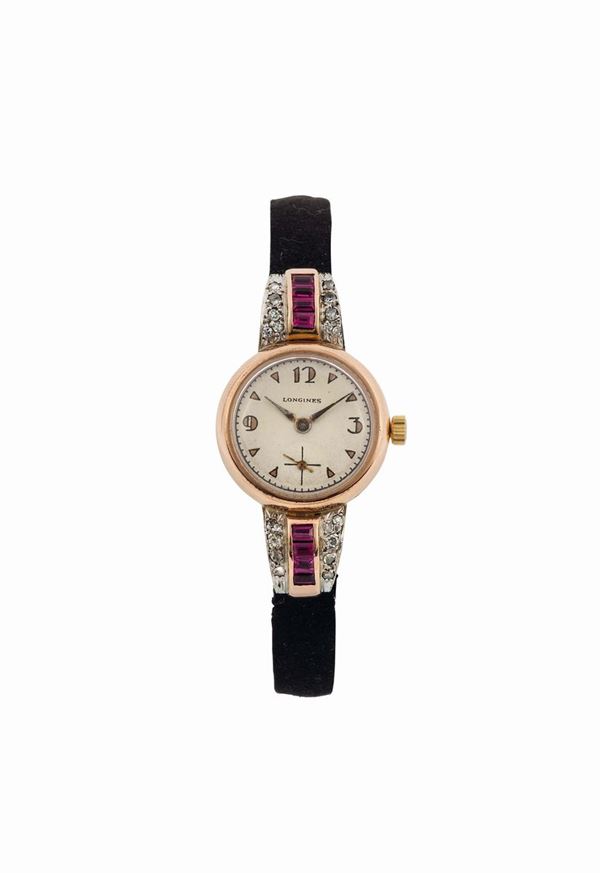 LONGINES, elegante orologio da polso, da signora, in oro rosa 18K con rubini e brillanti. Realizzato nel 1920 circa