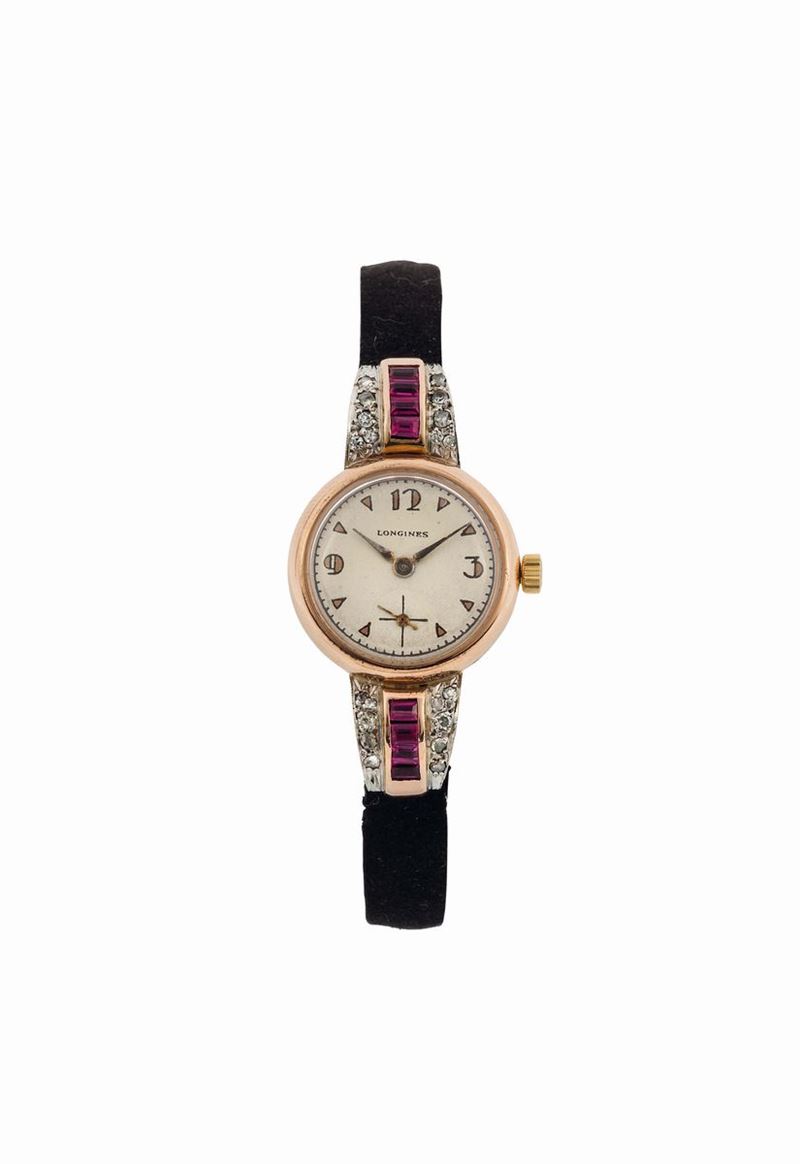 LONGINES, elegante orologio da polso, da signora, in oro rosa 18K con rubini e brillanti. Realizzato nel 1920 circa  - Asta Orologi da Polso e da Tasca - Cambi Casa d'Aste