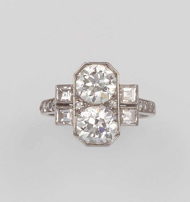Anello Art Deco con due diamanti di vecchio taglio per ct 2,50 circa  - Asta Fine Jewels - II - Cambi Casa d'Aste