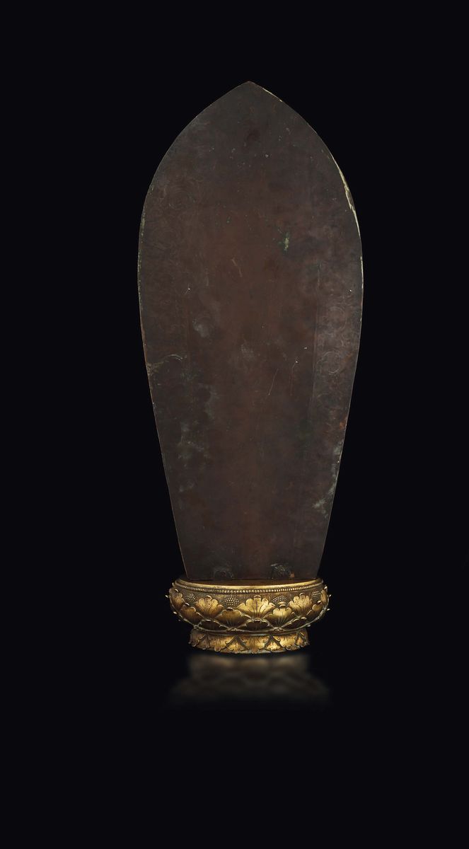 Grande e Rarissima Figura di Amitayus Eretto su Fiore di Loto in Bronzo Dorato con Aura, Zanabaza...