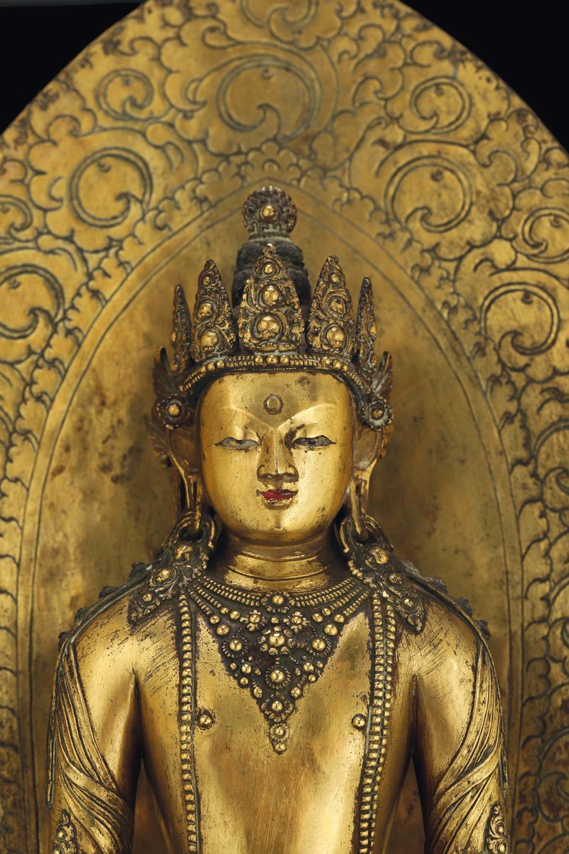 Grande e Rarissima Figura di Amitayus Eretto su Fiore di Loto in Bronzo Dorato con Aura, Zanabaza...