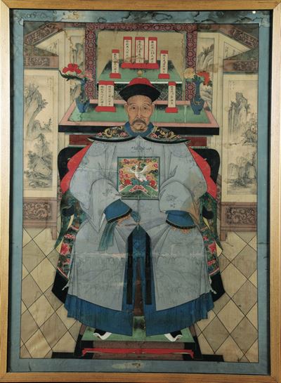 Dipinto su Carta Raffigurante Imperatore su Trono con Iscrizioni, Cina, Dinastia Qing, XIX Secolo