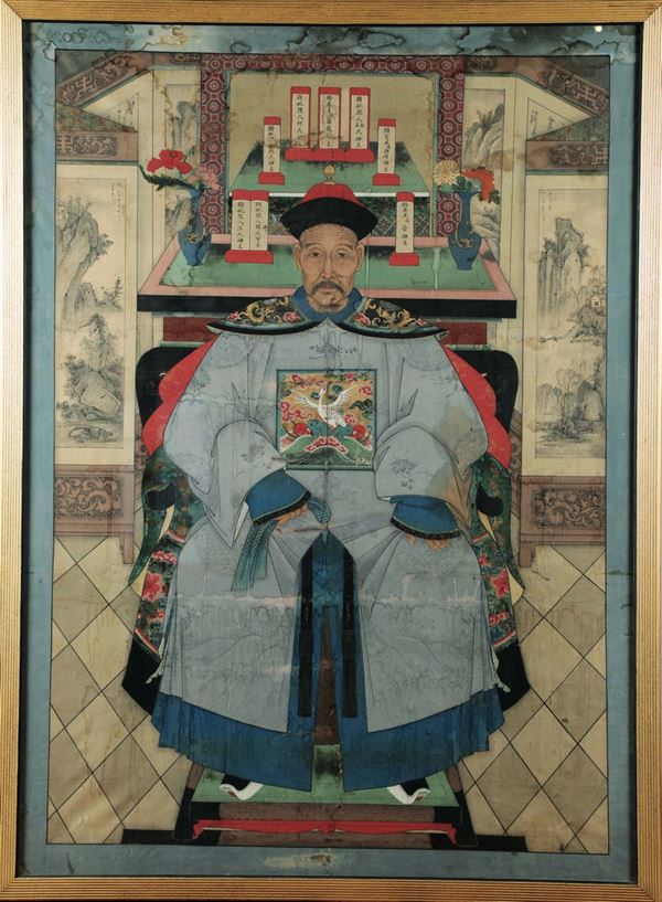 A painting on paper depicting Emperor on throne and inscriptions, China, Qing Dynasty, 19th century
