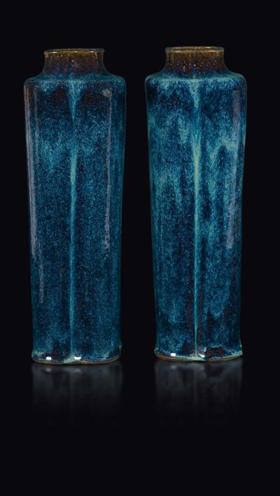 Coppia di Vasi in Porcellana Flambè sui Toni del Blu, Cina, Dinastia Qing, Fine XIX Secolo