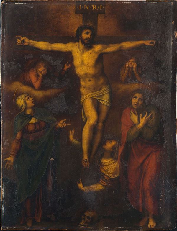 Marcello Venusti (Como 1510 - Roma 1579) Cristo crocifisso vivo con la Madonna, San Giovanni e Maria Maddalena ai piedi della croce