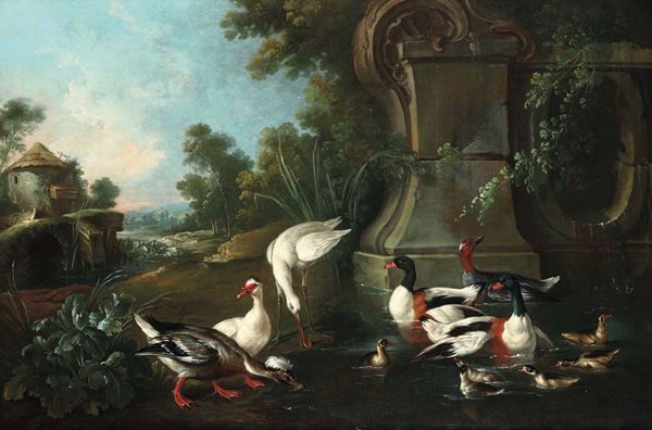 Jaques Charles Oudry (1720 - 1778) Paesaggio con uccelli lacustri