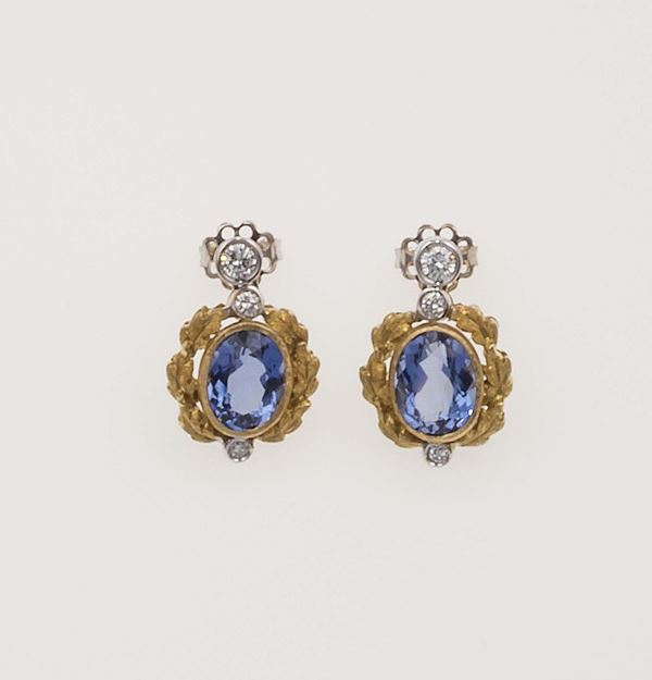 Pair of blue beryl and diamond earrings