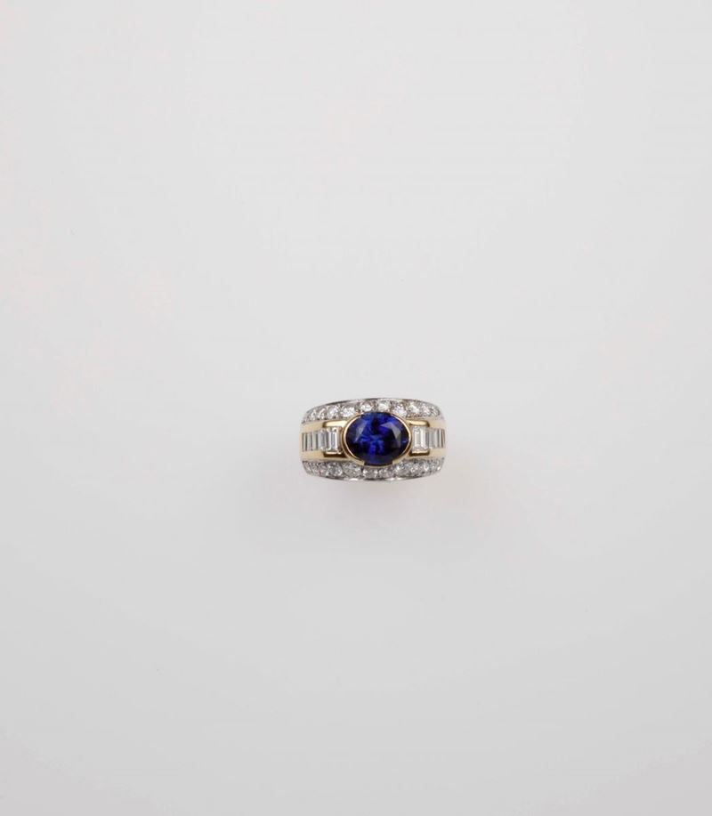 Anello con zaffiro Sri Lanka di ct 4,14 e diamanti  - Asta Fine Jewels - II - Cambi Casa d'Aste
