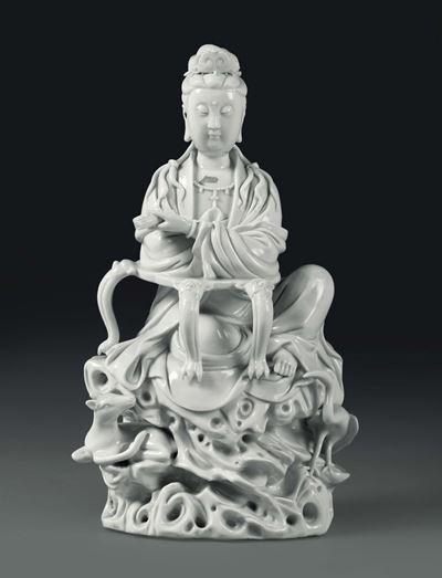 Guanyin Seduta in Porcellana Blanc De Chine, Cina, Dinastia Qing, XX Secolo