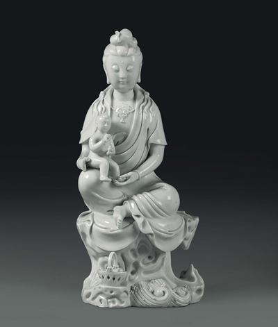 Guanyin con Bambina in Porcellana Blanc De Chine, Cina, XX Secolo