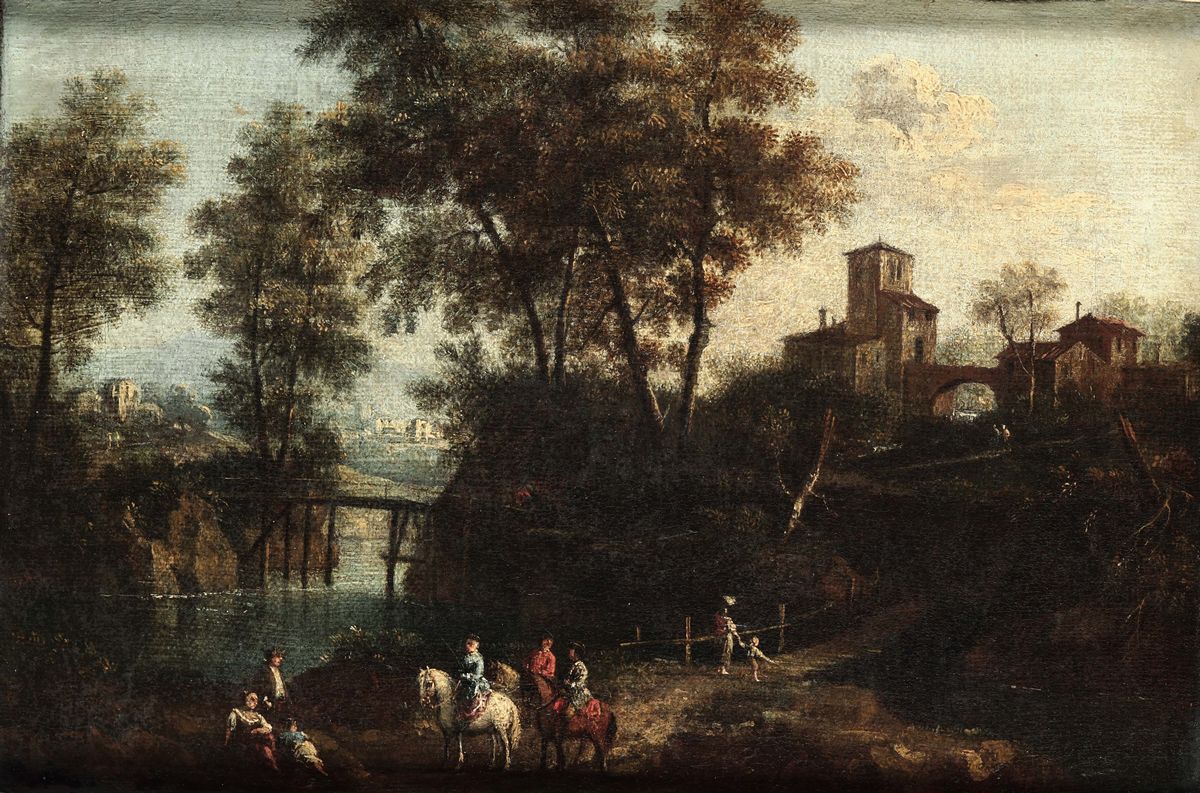 Giovan Battista Cimaroli (1687-1753)paesaggi con Figure e Cavalieri