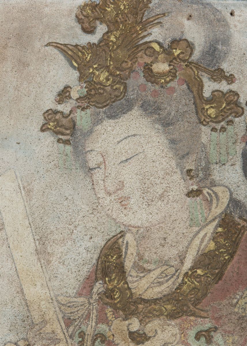 Raro Affresco Policromo, con Tracce di Seta, Cina, Dinastia Tang (618-907) Raffigurante Wu Zetian...