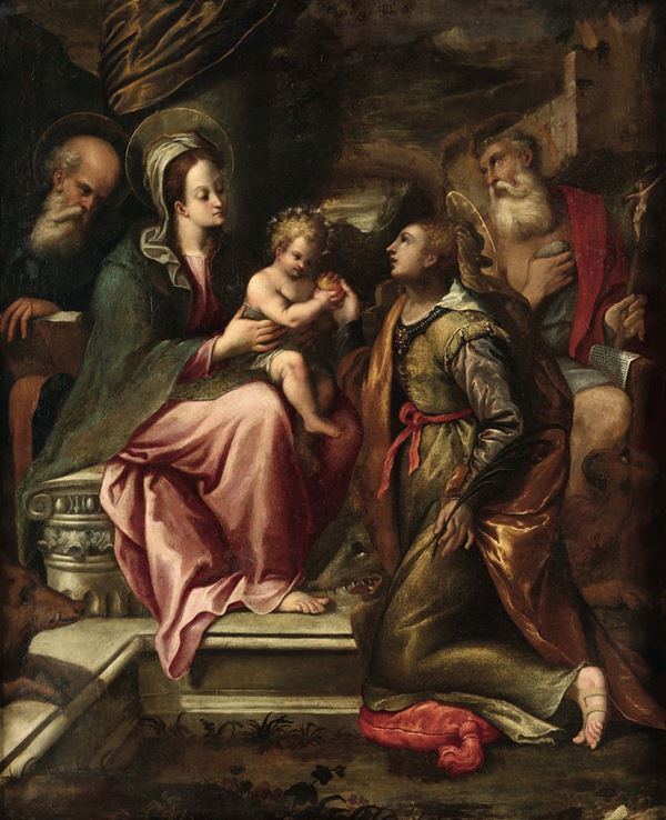 Lavinia Fontana (Bologna 1552 - Roma 1614), attribuito a Sacra Famiglia con San Gerolamo e Santa Caterina