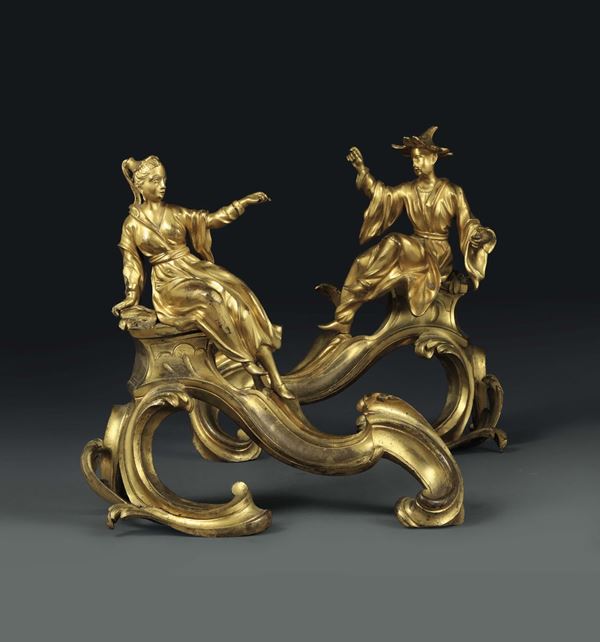 Coppia di alari in bronzo dorato con cinesini, Francia XVIII o XIX secolo