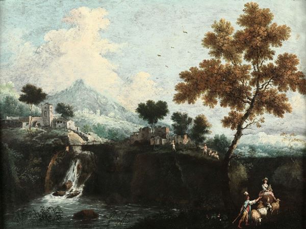 Scipione Cignaroli (Milano 1690 - Torino 1753), attribuito a Coppia di paesaggi fluviali con figure