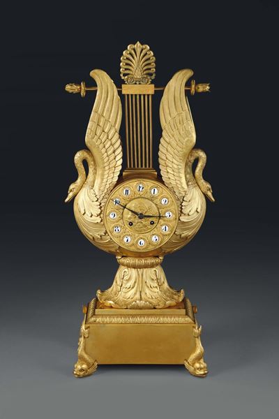 Pendola da Tavolo a Lira Carlo X in Bronzo Dorato, Francia XIX Secolo
