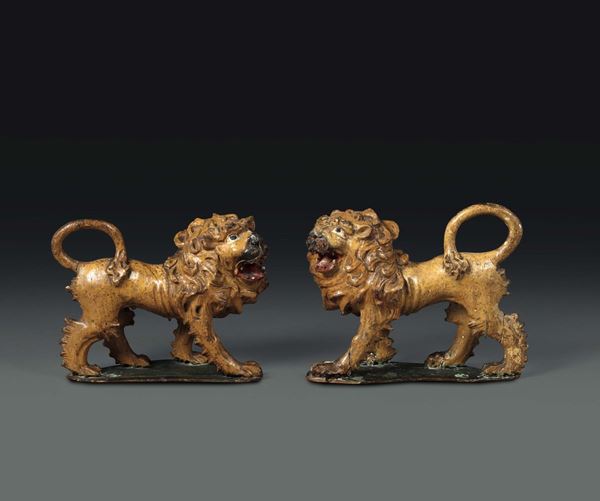 A pair of lions in carved polychrome wood, Veneto 17th century