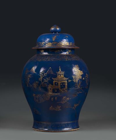 Grande Potiche in Porcellana Blu e Oro, Dinastia Qing, Cina XVIII Secolo