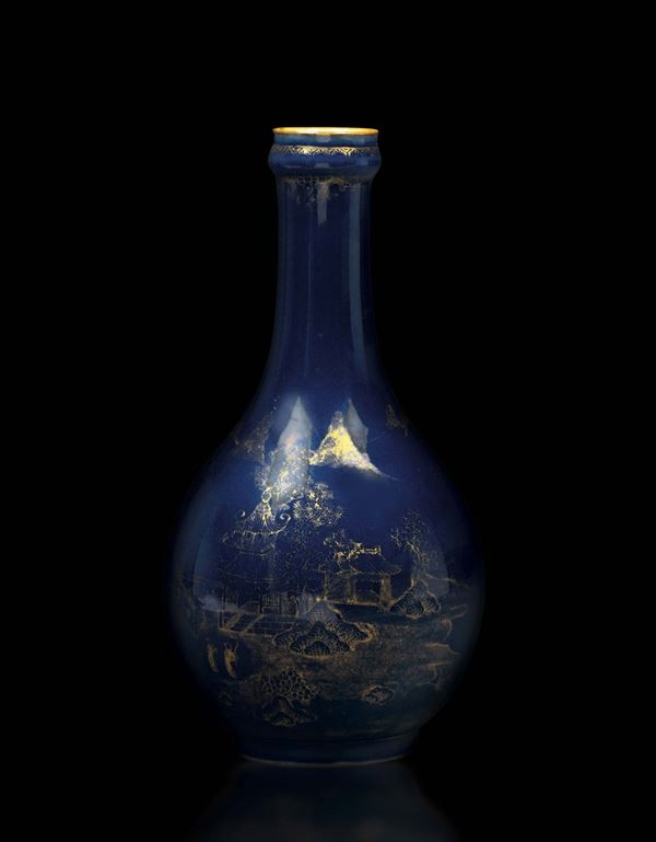 Fiasca in porcellana blu e oro, Cina, Dinastia Qing, XVIII secolo