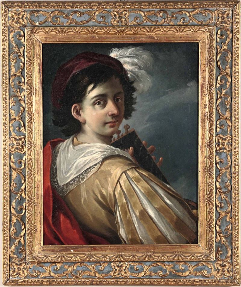 Giovanni Antonio Burrini (Bologna 1656 - 1727) Suonatore di liuto  - Asta Dipinti Antichi - I - Cambi Casa d'Aste