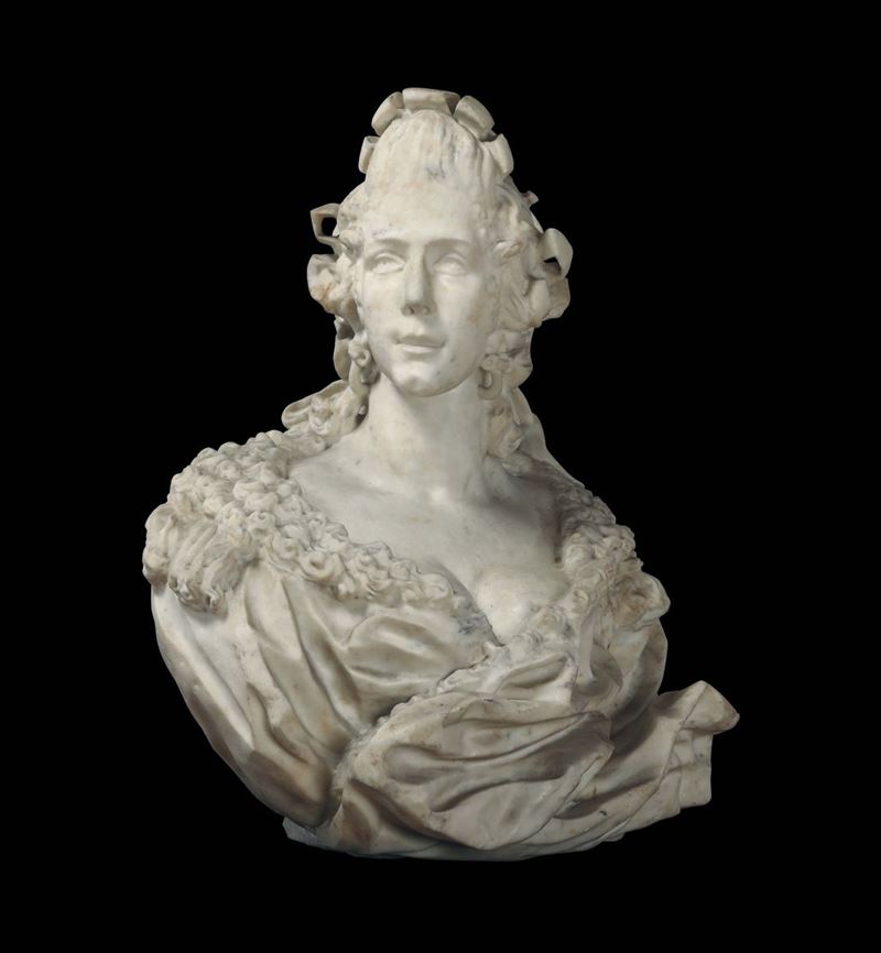 Busto di nobildonna in marmo bianco. Arte barocca genovese della prima metà del XVIII secolo.  - Asta Scultura e Oggetti d'Arte - Cambi Casa d'Aste