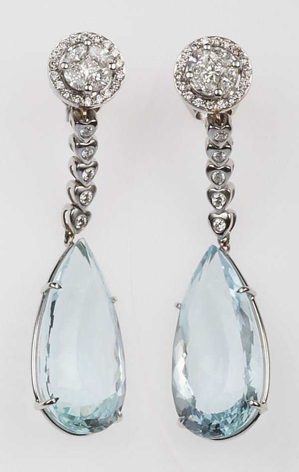 Pair of aquamarine and diamond pendent earrings