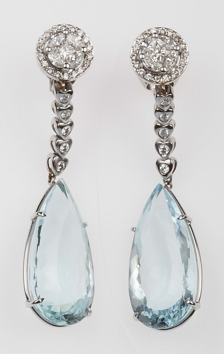 Pair of aquamarine and diamond pendent earrings  - Auction Fine Jewels - II - Cambi Casa d'Aste