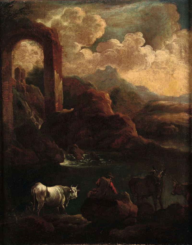 Pieter Mulier detto il Tempesta (Haarlem 1637 - Milano 1701), bottega di Paesaggio con armenti  - Asta Dipinti Antichi - I - Cambi Casa d'Aste