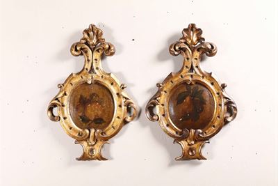 Coppia di Pannelli in Legno Dipinto e Dorato, XIX Secolo