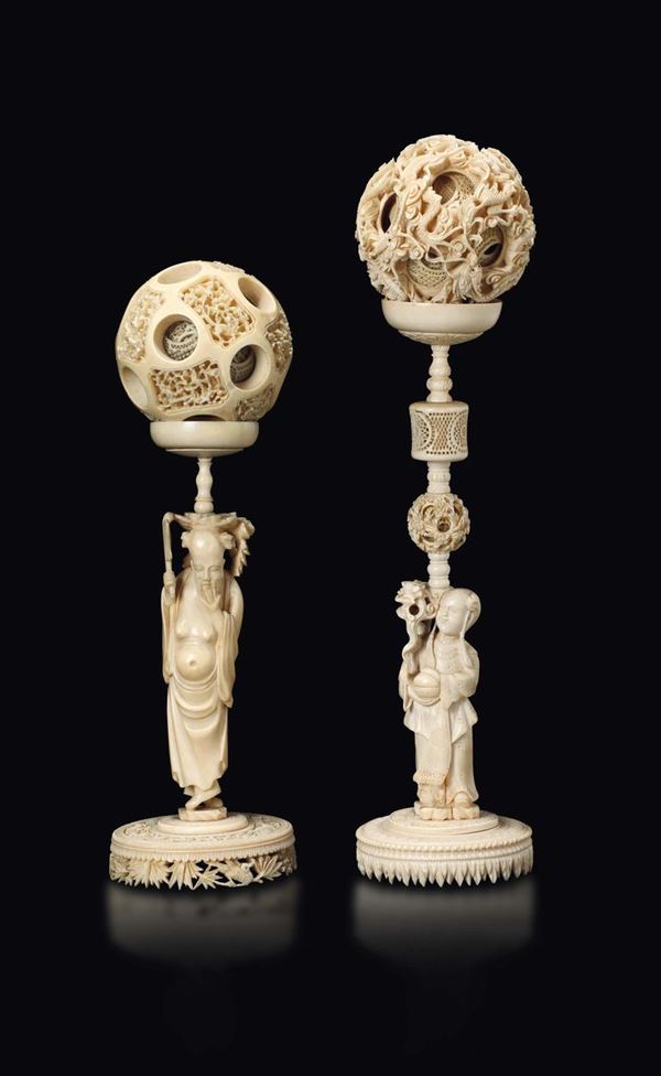 Two carved ivory puzzleballs, China, Qing Dynasty, late 19th century
