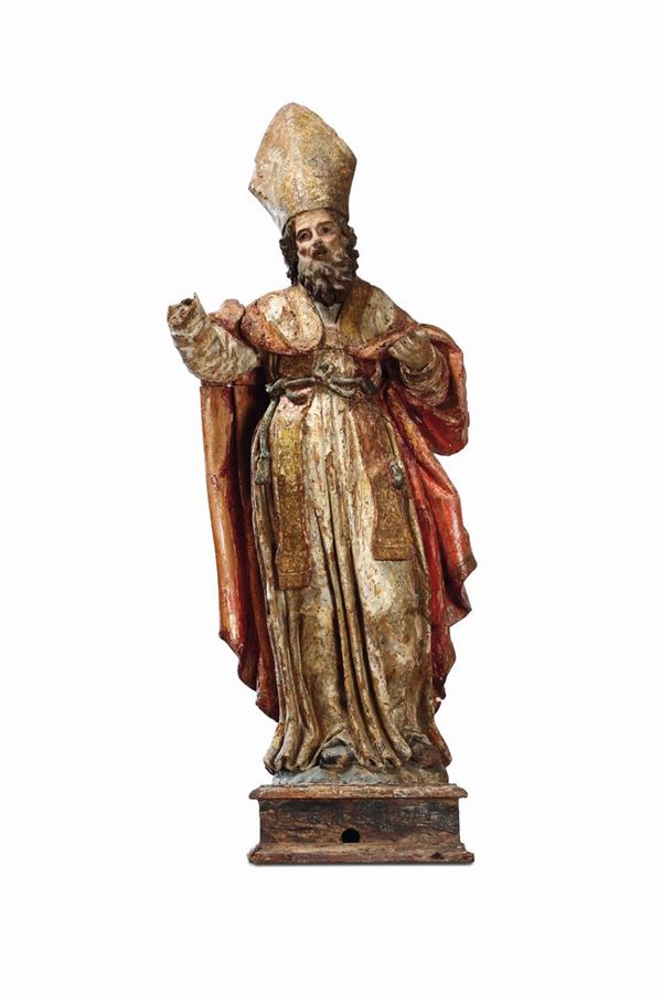Santo Vescovo (San Nicola?) in legno dorato e policromo. Arte barocca italiana del XVIII secolo