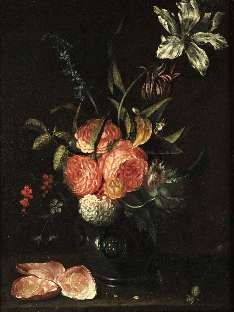 Scuola fiamminga del XVII secolo Natura morta di fiori con ostriche  - Asta Dipinti Antichi - I - Cambi Casa d'Aste