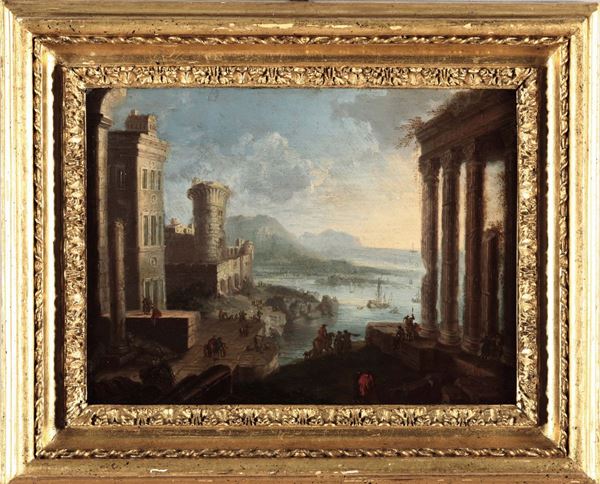 Orazio Grevenbroeck (Parigi 1670-1743) Paesaggio costiero con figure e rovine