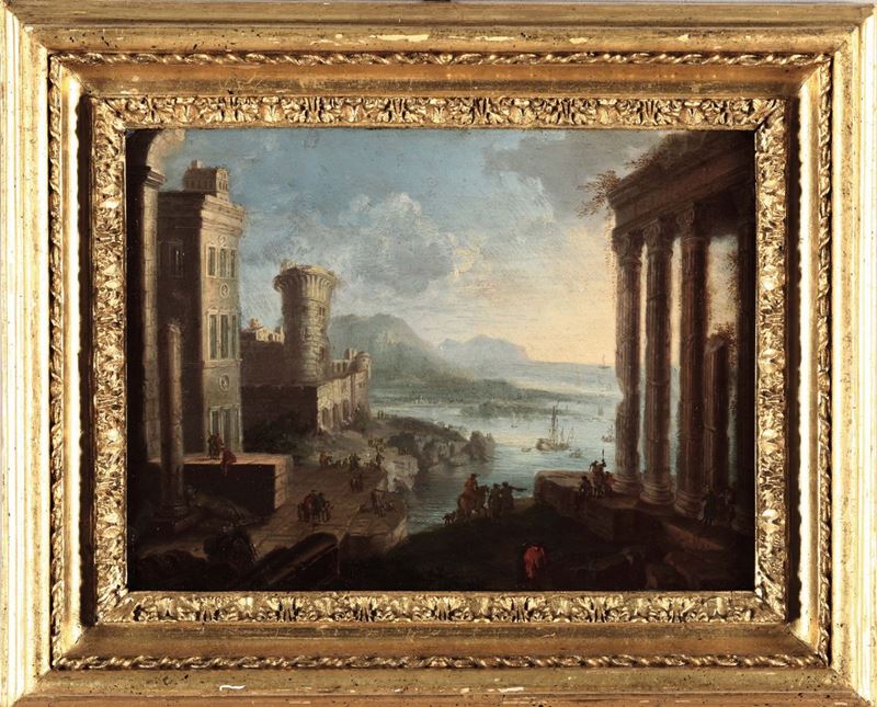 Orazio Grevenbroeck (Parigi 1670-1743) Paesaggio costiero con figure e rovine  - Asta Dipinti Antichi - I - Cambi Casa d'Aste