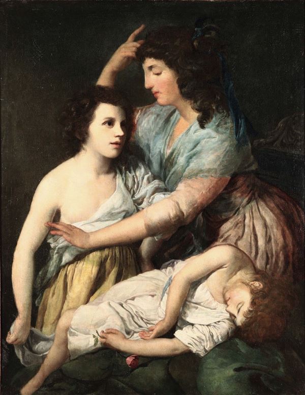 Scuola della fine del XVII secolo Figura femminile con due bambini