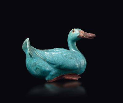 Figura di Anatra in Grés con Smalto Azzurro, Cina, Dinastia Qing, XIX Secolo