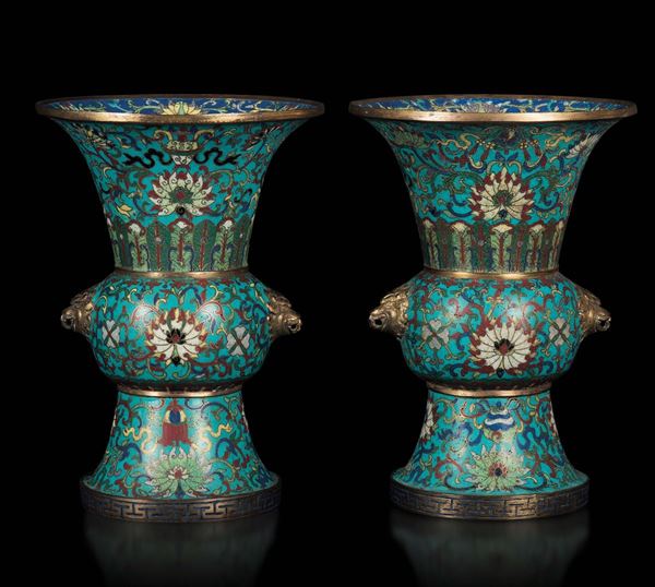 A pair of cloisonné enamel trumpet vase with lotus flowers and mask handles, China, Qing Dynasty, Qianlong Period (1736-1795)