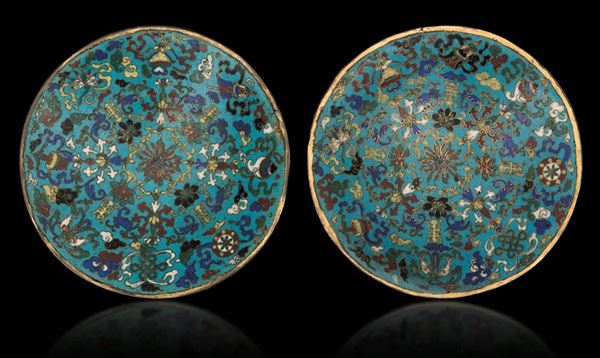 A pair of cloisonné enamel dishes, China, Qing Dynasty, Qianlong Period (1736-1795)