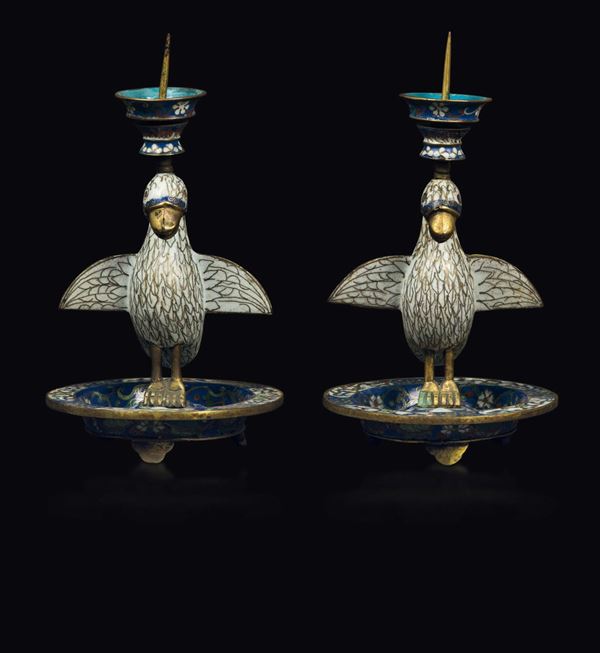 A pair of cloisonné enamel birds candlesticks, China, Qing Dynasty, 18th century