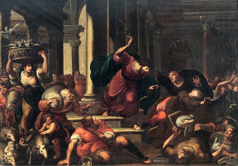 Giulio Benso (Pieve di Teco 1592-1668) La caccia dei mercanti dal Tempio  - Asta Dipinti Antichi - Cambi Casa d'Aste