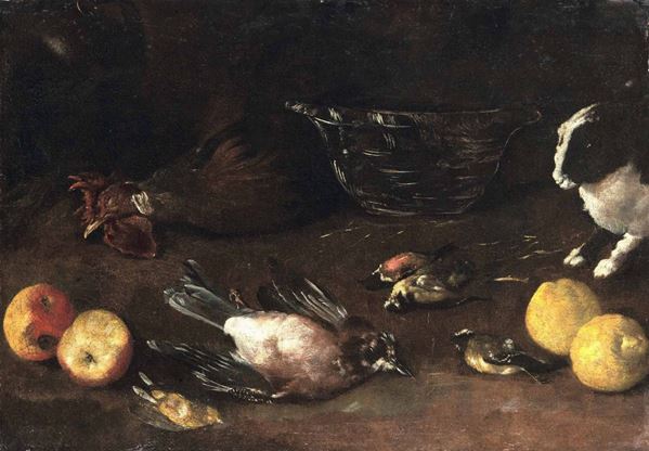 Bartolomeo Guidobono (Savona 1654 - Torino 1709) Natura morta di frutta e cacciagione con coniglio