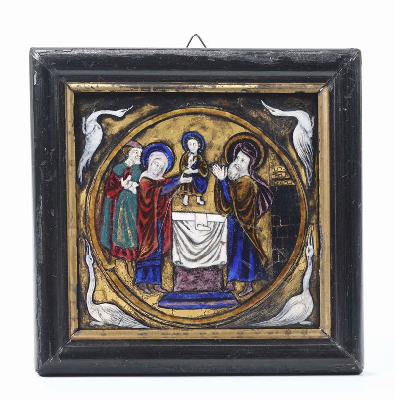 Placca in smalti policromi raffigurante presentazione al tempio, XX secolo  - Asta Antiquariato - Cambi Casa d'Aste
