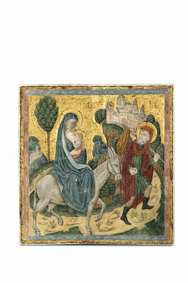 Two miniatures on parchment (?), painted and gilded, depicting The Flight into Egypt and Saint George slaying the dragon. Miniaturist from the 19th - 20th century