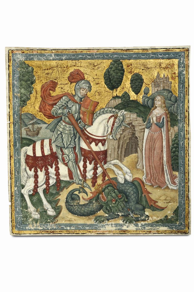 Due Miniature su Pergamena (?) Dipinta e Dorata Raffiguranti “la Fuga in Egitto” e “san Giorgio c...