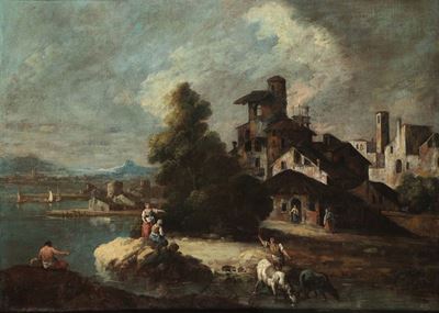 Giuseppe Zais (forno di Canale 1709 - Treviso 1784)coppia di Paesaggi con Figure