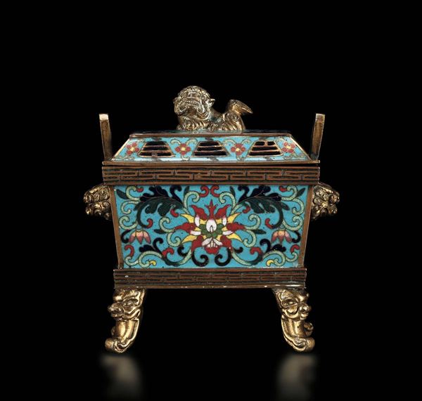 A cloisonné enamel rectangular censer and cover, China, Qing Dynasty, Jiaqing Period (1796-1820)