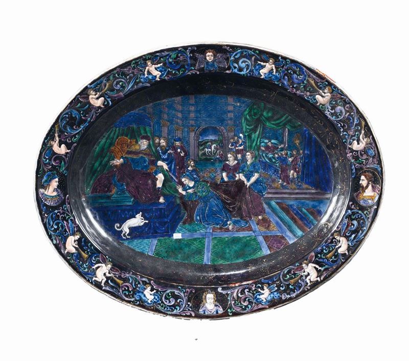 Piatto con scena biblica in rame e smalti policromi. Atelier limosino del XIX secolo. Probabile Maison Samson  - Asta Antiquariato - Cambi Casa d'Aste