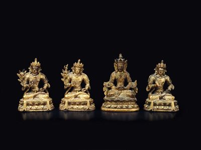 Quattro Piccole Figure di Vajrapani Seduti su Doppio Fiore di Loto in Bronzo Dorato, Cina, Dinast...