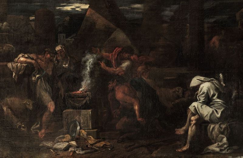 Pietro Testa detto il Lucchesino (Lucca, 1612 – Roma, 1650) Scena con figure e satiri  - Asta Dipinti Antichi - I - Cambi Casa d'Aste